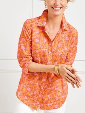 TALBOTS Cotton Button Front Shirt Climbing Jacobean Bright Marigold Size L